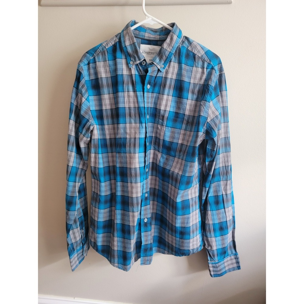 NWT Aeropostale Men's Medium L/S Plaid Button Up Shirt Cotton Blue Gray Classic